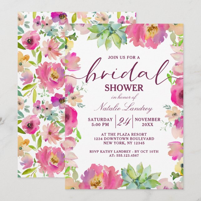 Invitation Fête des mariées Mariage florale rose chic en fleu (Devant / Derrière)