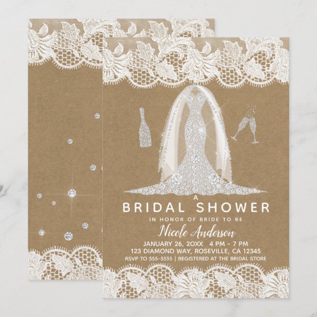 Invitation Fête des mariées Mariage Kraft & Lace Diamond (Devant / Derrière)