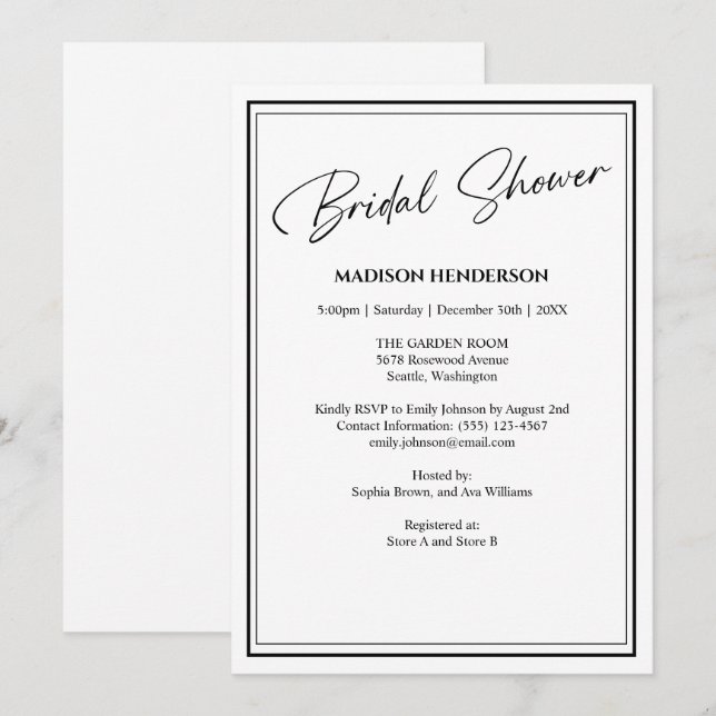 Invitation Fête des mariées Mariage noir et blanc classique (Devant / Derrière)