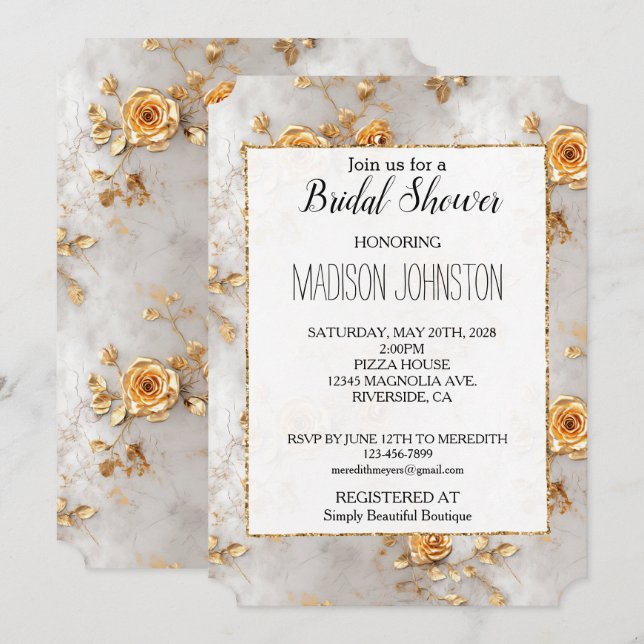Invitation Fête des mariées Mariage Pearl Gold Floral (Devant / Derrière)