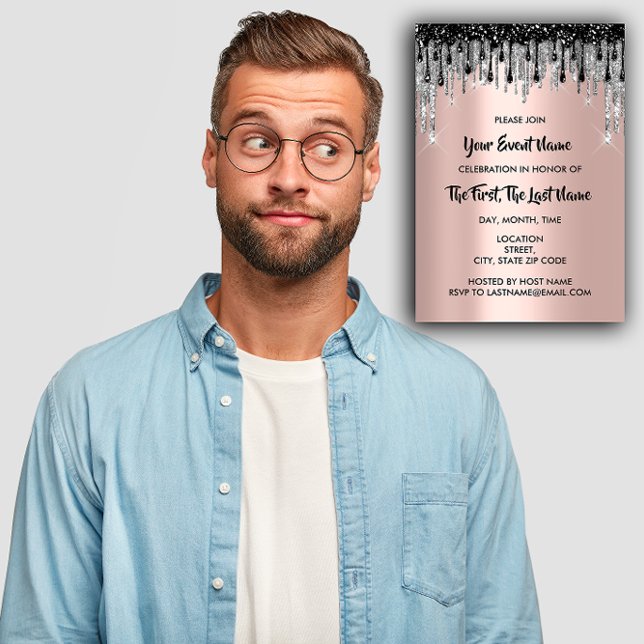 Invitation Fête des mariées Mariage Sweet 16e Rose Black Drip (Bridal Shower Wedding Sweet 16th Rose Black Drips Invitation)