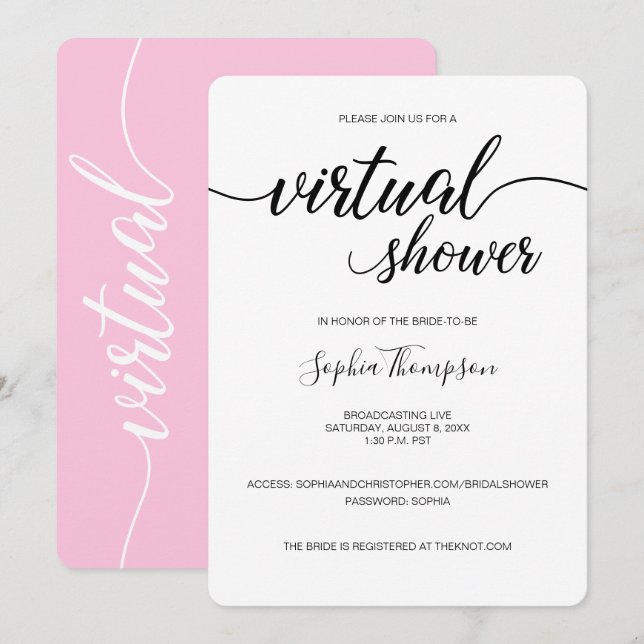 Invitation Fête des mariées mariage VIRTUEL simple rose (Devant / Derrière)