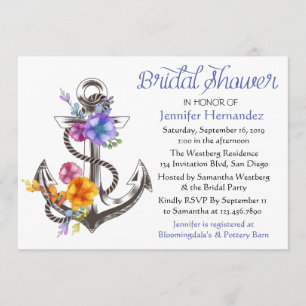 Invitation Fête des mariées marine Ancre bleue Floral