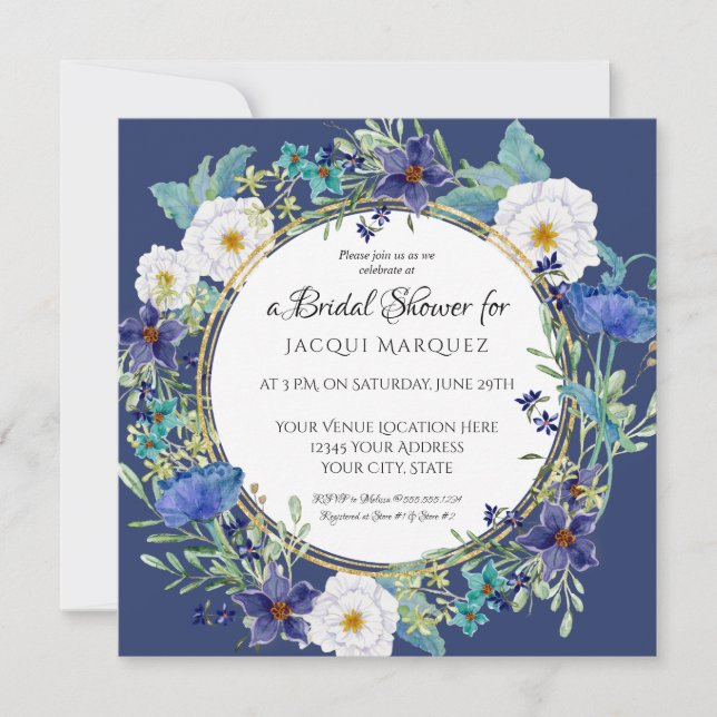 Invitation Fête des mariées Marine Aquarelle Blanche Poppy Fl (Devant)