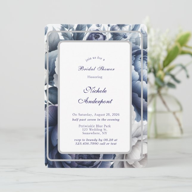 Invitation Fête des mariées Marine Blue Peonés & White Roses (Debout devant)