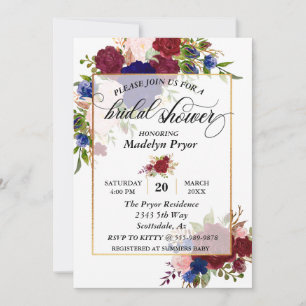 Invitation Fête des mariées Marine Burgundy Gold Frame Gold