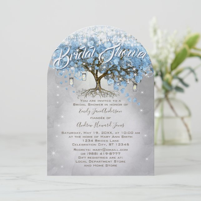 Invitation Fête des mariées Mason Jar Bleu Coeur Leaf Arbre (Debout devant)