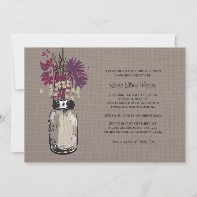 Invitation Fête des mariées Mason Jar et Fleurs sauvages (Devant)