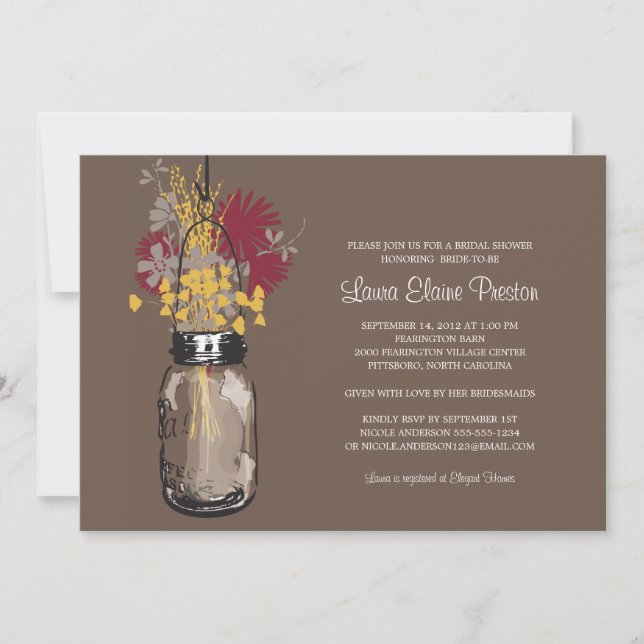 Invitation Fête des mariées Mason Jar et Fleurs sauvages (Devant)