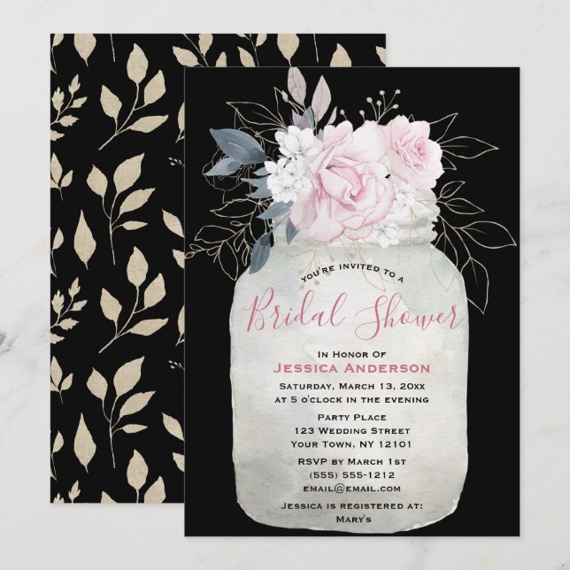 Invitation Fête des mariées Mason Jar Floral d'or noir (Devant / Derrière)