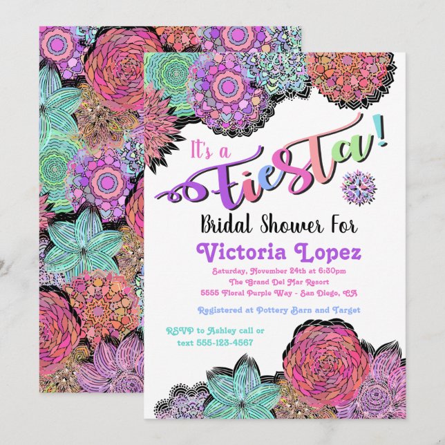 Invitation Fête des mariées mexicaine Fiesta Floral Mandala (Devant / Derrière)