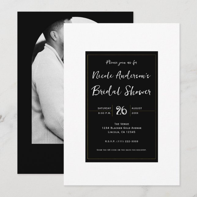 Invitation Fête des mariées minimale moderne Black White Gold (Devant / Derrière)