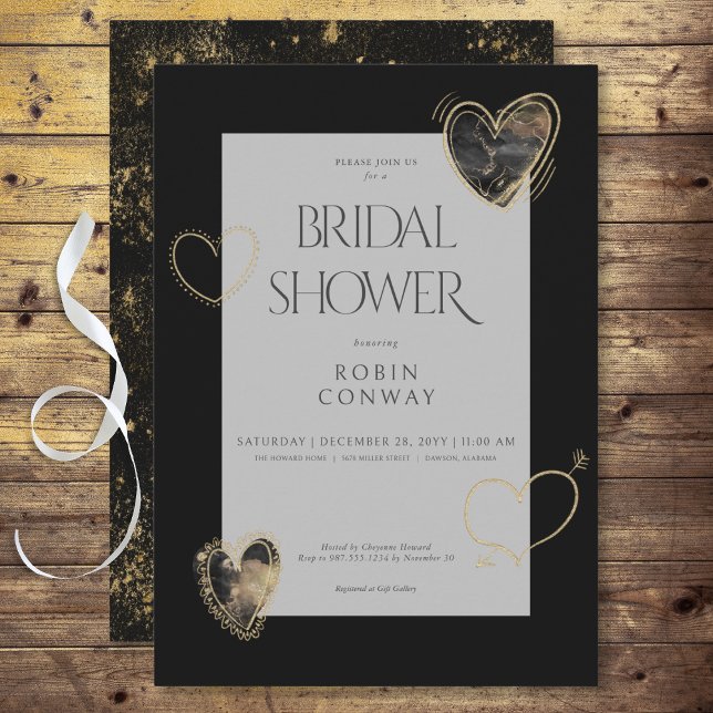 Invitation Fête des mariées minimaliste moderne Black & Gold  (Modern Minimal Black & Gold Hearts Bridal Shower Invitation)