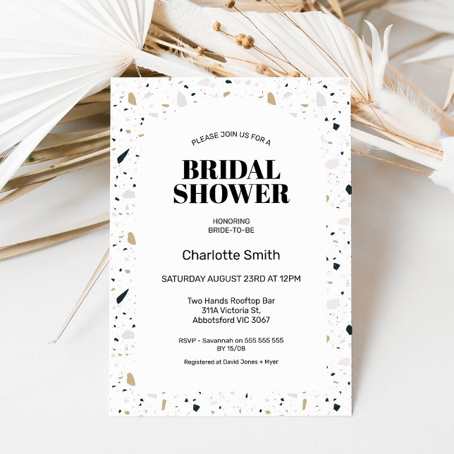 Invitation Fête des mariées moderne Arch Light Terrazzo (Light colored terrazzo bridal shower invitation featuring an off white arch and black text.)