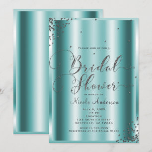 Invitation Fête des mariées Moderne Argent Aqua Confetti Corn