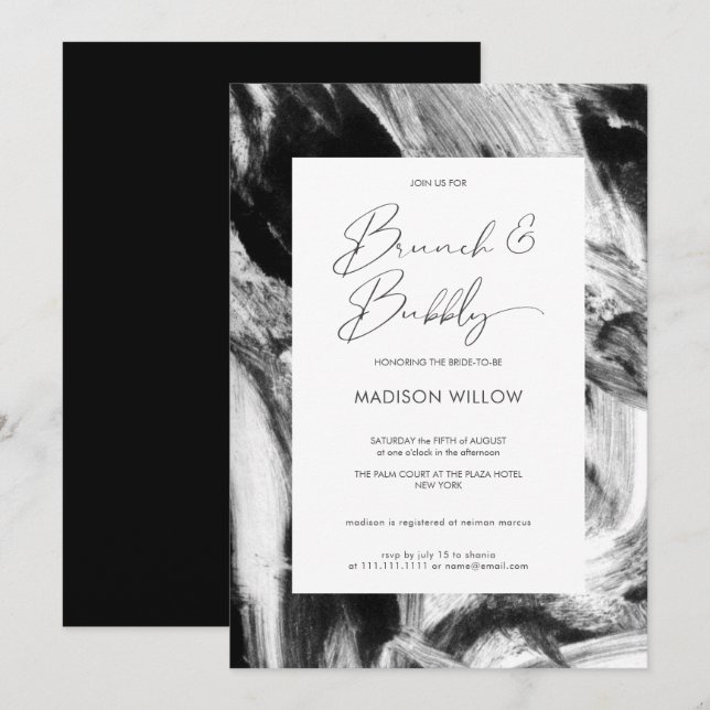 Invitation Fête des mariées moderne Black White Brunch Bubbly (Devant / Derrière)