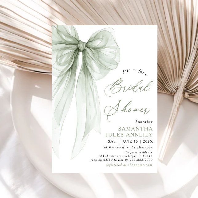 Invitation Fête des mariées moderne Coquette Sage Green Bow (Créateur téléchargé)