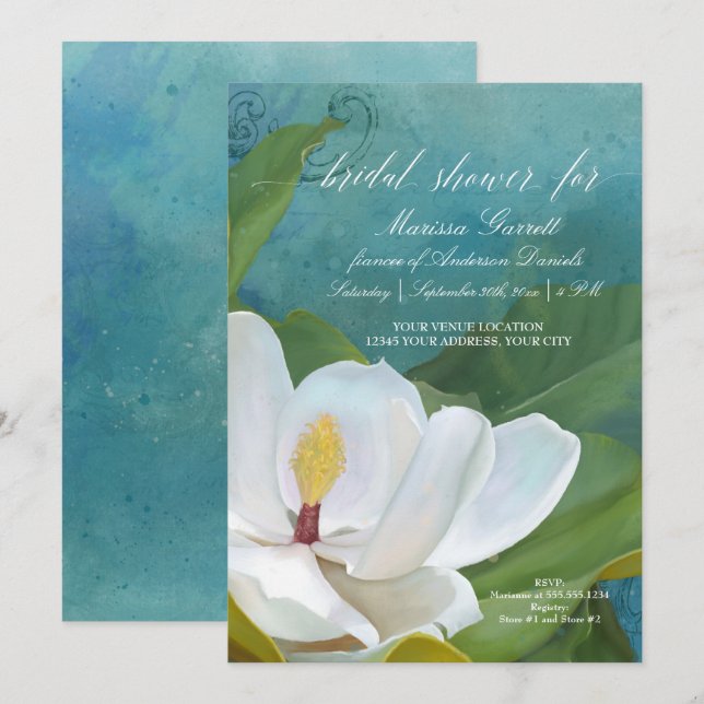 Invitation Fête des mariées Moderne Élégant Magnolia Floral A (Devant / Derrière)