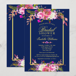 Invitation Fête des mariées moderne Floral Navy Blue Gold