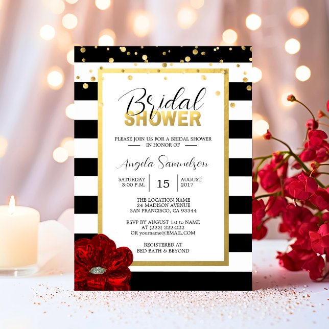 Invitation Fête des mariées moderne Gold Black White RED Rose (Modern Gold Black White RED Rose Bridal Shower Invitation)