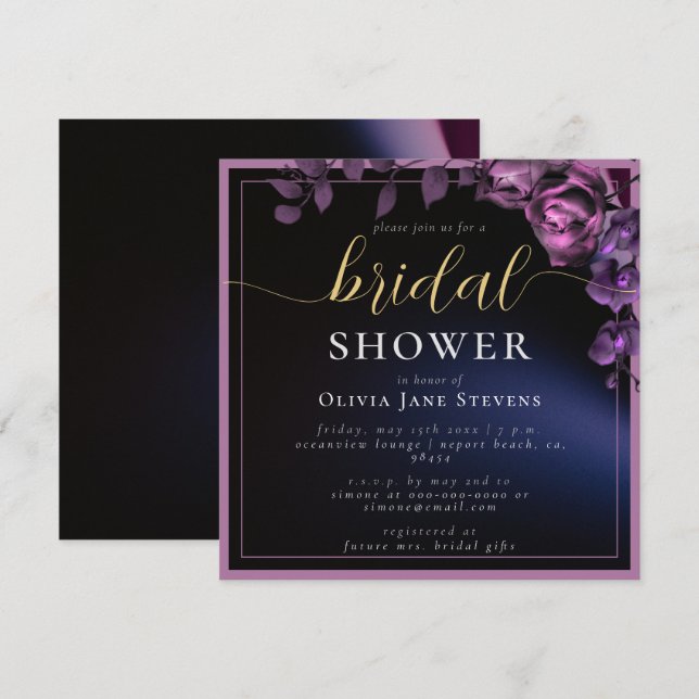 Invitation Fête des mariées moderne Moody Black Dark Purple F (Devant / Derrière)