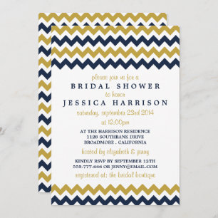 Invitation Fête des mariées moderne Navy & Gold Chevron