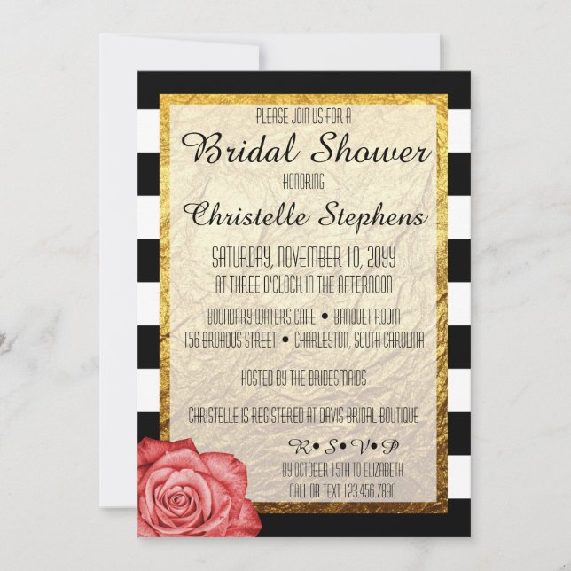 Invitation Fête des mariées moderne Red Rose Faux Gold Foil (Devant)