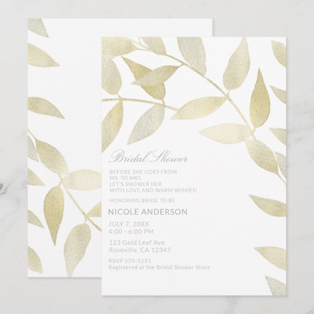 Invitation Fête des mariées moderne Rustic Golden Gold Feuill (Devant / Derrière)