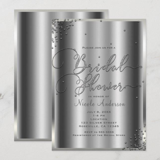 Invitation Fête des mariées moderne Silver brillant Glam Conf (Devant / Derrière)