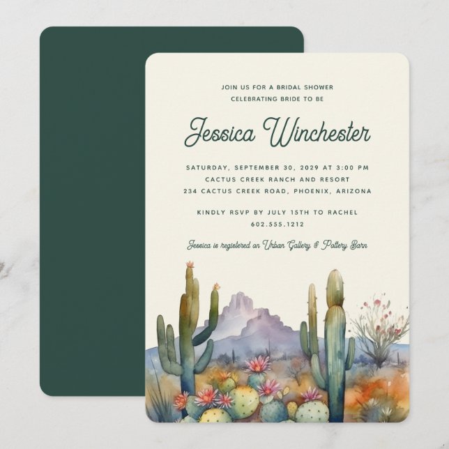 Invitation Fête des mariées moderne Turquoise Green Desert Ca (Devant / Derrière)
