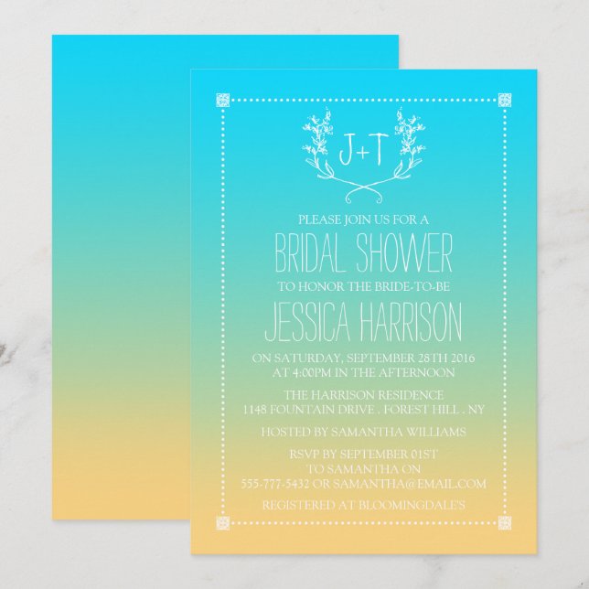 Invitation Fête des mariées Monogram Wreath Beach Ombre (Devant / Derrière)