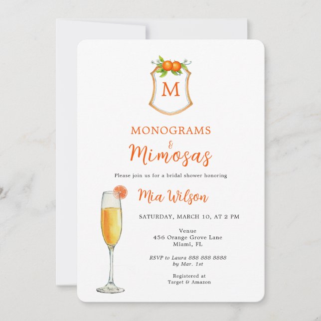 Invitation Fête des mariées Monogrammes et Mimosas (Devant)