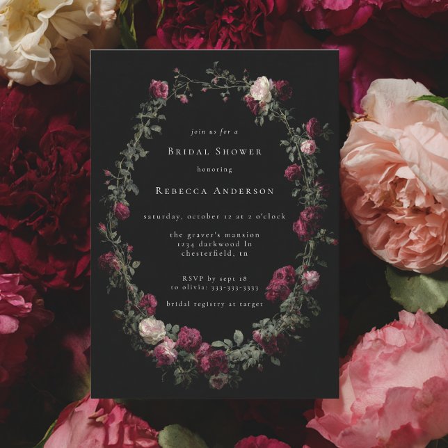 Invitation Fête des mariées Moody Noir Gothique Rouge Roses (Créateur téléchargé)