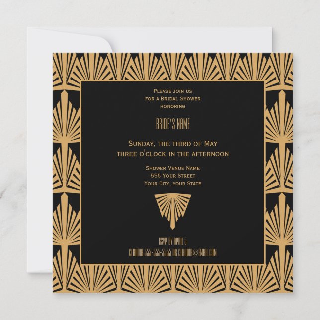 Invitation Fête des mariées Motif Gold et Black Art Déco (Devant)