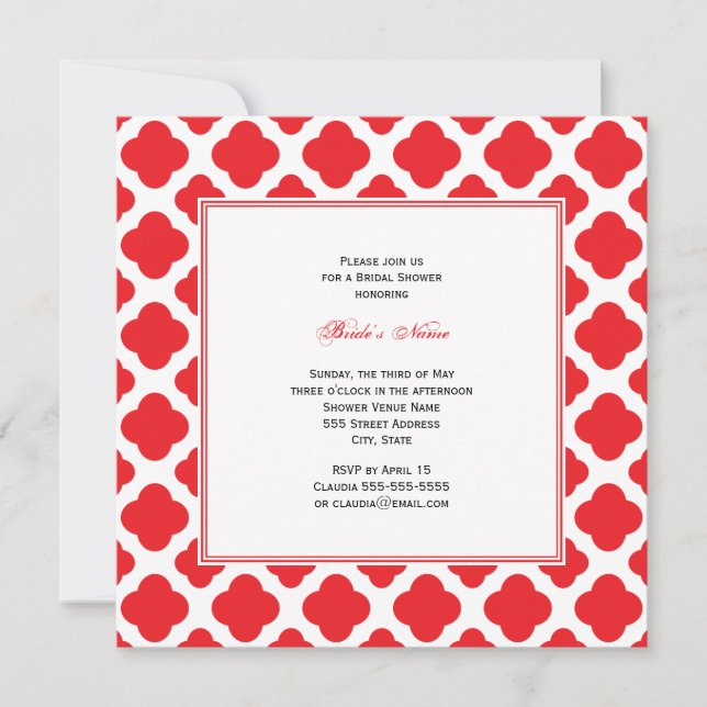 Invitation Fête des mariées Motif Monogram Red Quatrefoil (Devant)