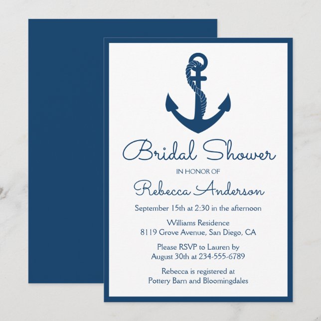 Invitation Fête des mariées nautique Ancre Mariage bleu marin (Devant / Derrière)