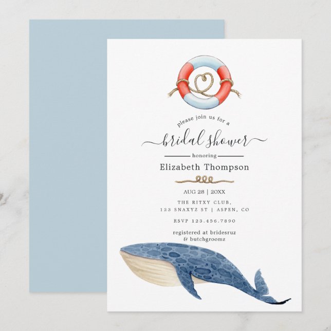 Invitation Fête des mariées nautique baleine (Devant / Derrière)