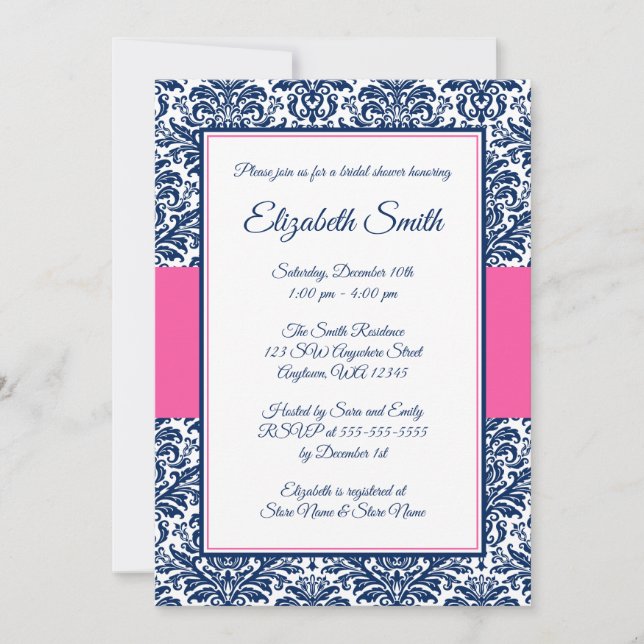 Invitation Fête des mariées Navy Blue and Pink Damask (Devant)
