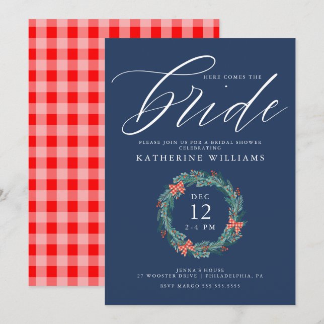 Invitation FÊTE DES MARIÉES | Noël En vichy Wreath (Devant / Derrière)