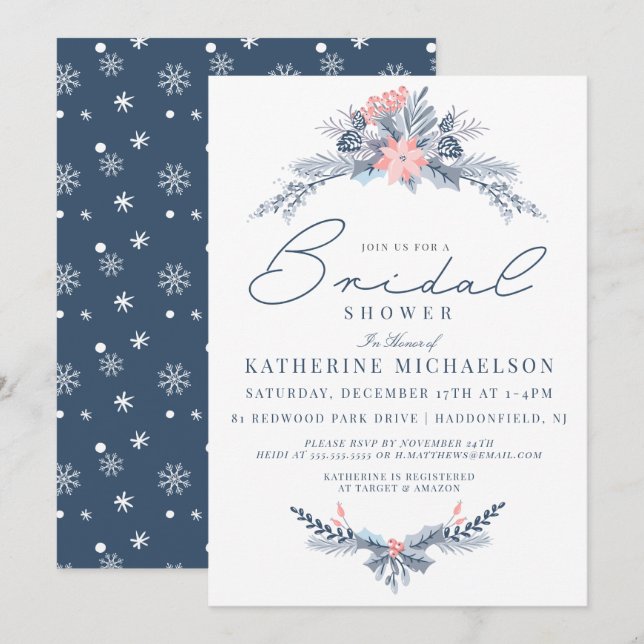 Invitation FÊTE DES MARIÉES | Noël Pastel Poinsettia Floral (Devant / Derrière)