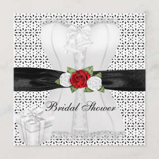 Invitation Fête des mariées Noir Blanc Corset Rouge Roses Fle