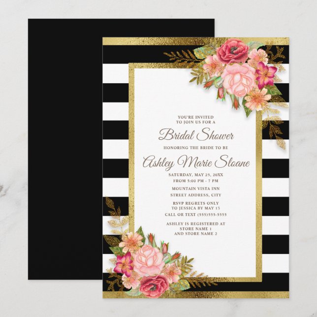 Invitation Fête des mariées noir blanc rayures rose Floral or (Devant / Derrière)