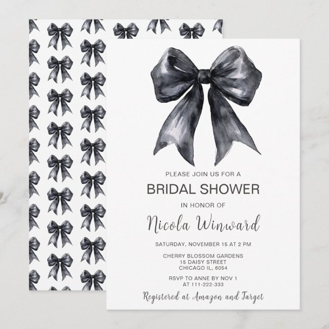Invitation Fête des mariées noire Coquette Bow (Devant / Derrière)