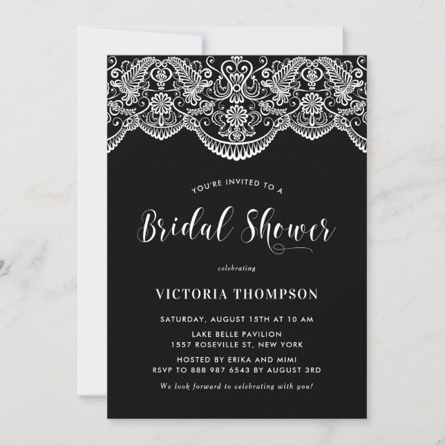 Invitation Fête des mariées noire en dentelle blanche Brocade (Devant)