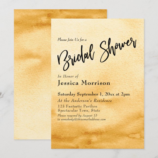 Invitation Fête des mariées Ombre Aquarelle Jaune (Devant / Derrière)