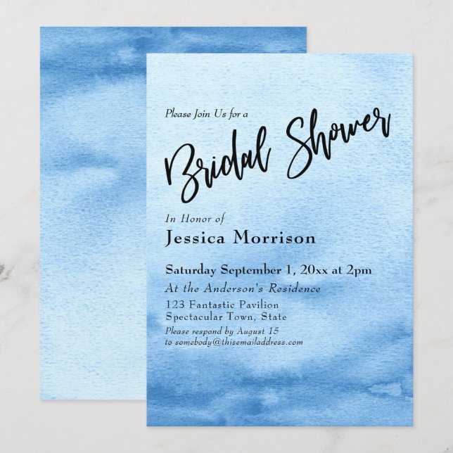 Invitation Fête des mariées Ombre couleur Aquarelle Bleu Bleu (Devant / Derrière)