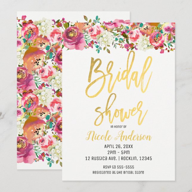 Invitation Fête des mariées or floral moderne élégant (Devant / Derrière)