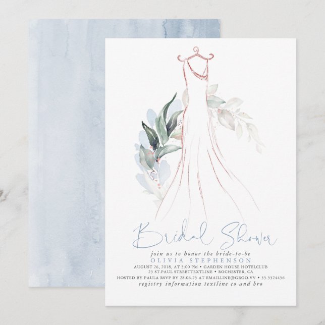 Invitation Fête des mariées or rose et bleu Dusty (Devant / Derrière)