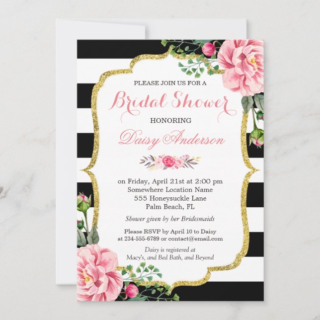 Invitation Fête des mariées or rose floral noir blanc rayures (Devant)