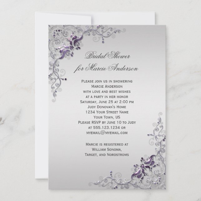 Invitation Fête des mariées Ornat Purple Silver Floral (Devant)